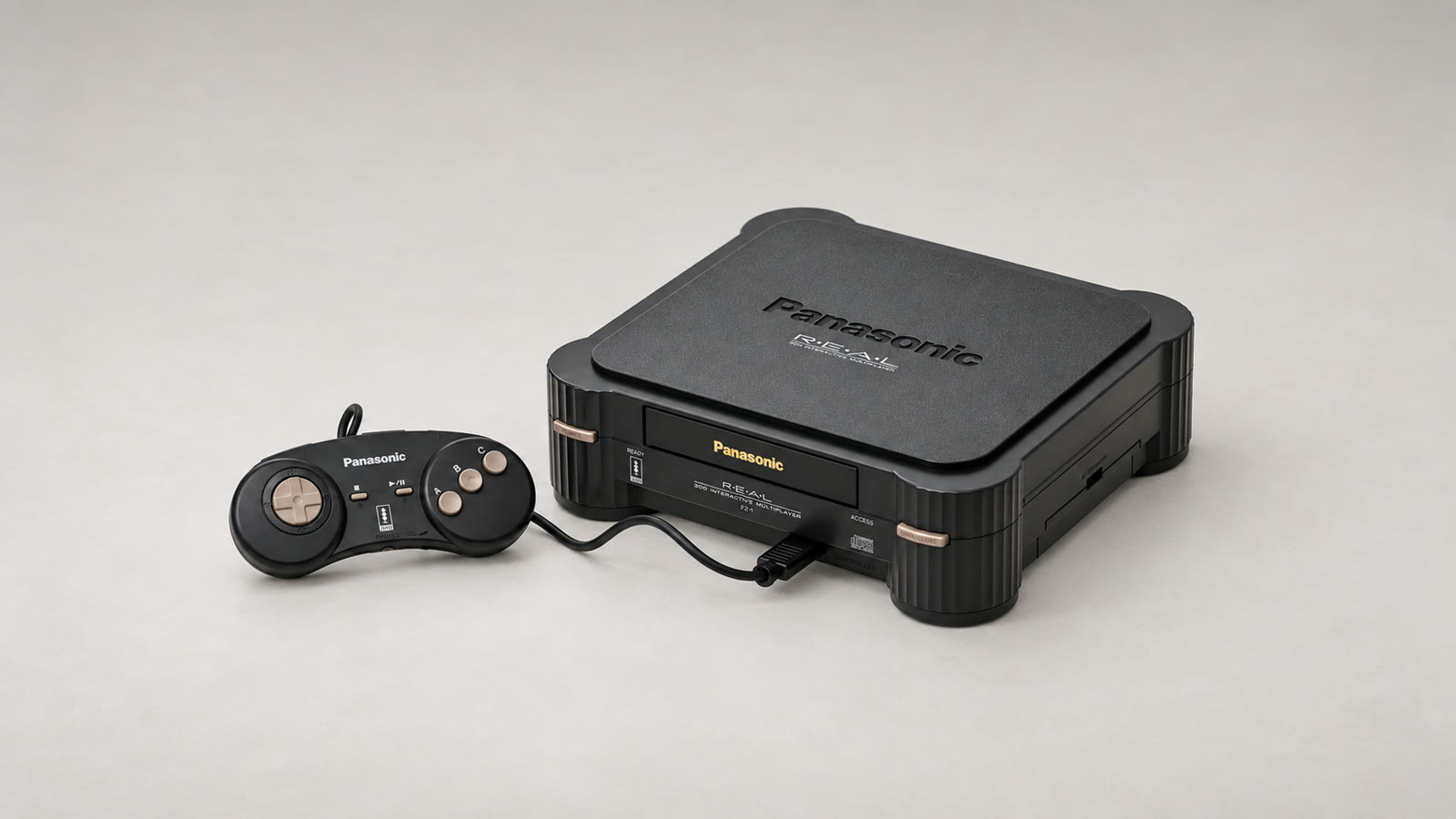 Panasonic 3DO FZ-1 mit originalem kabelgebundenem Controller – KI-bearbeitete Darstellung