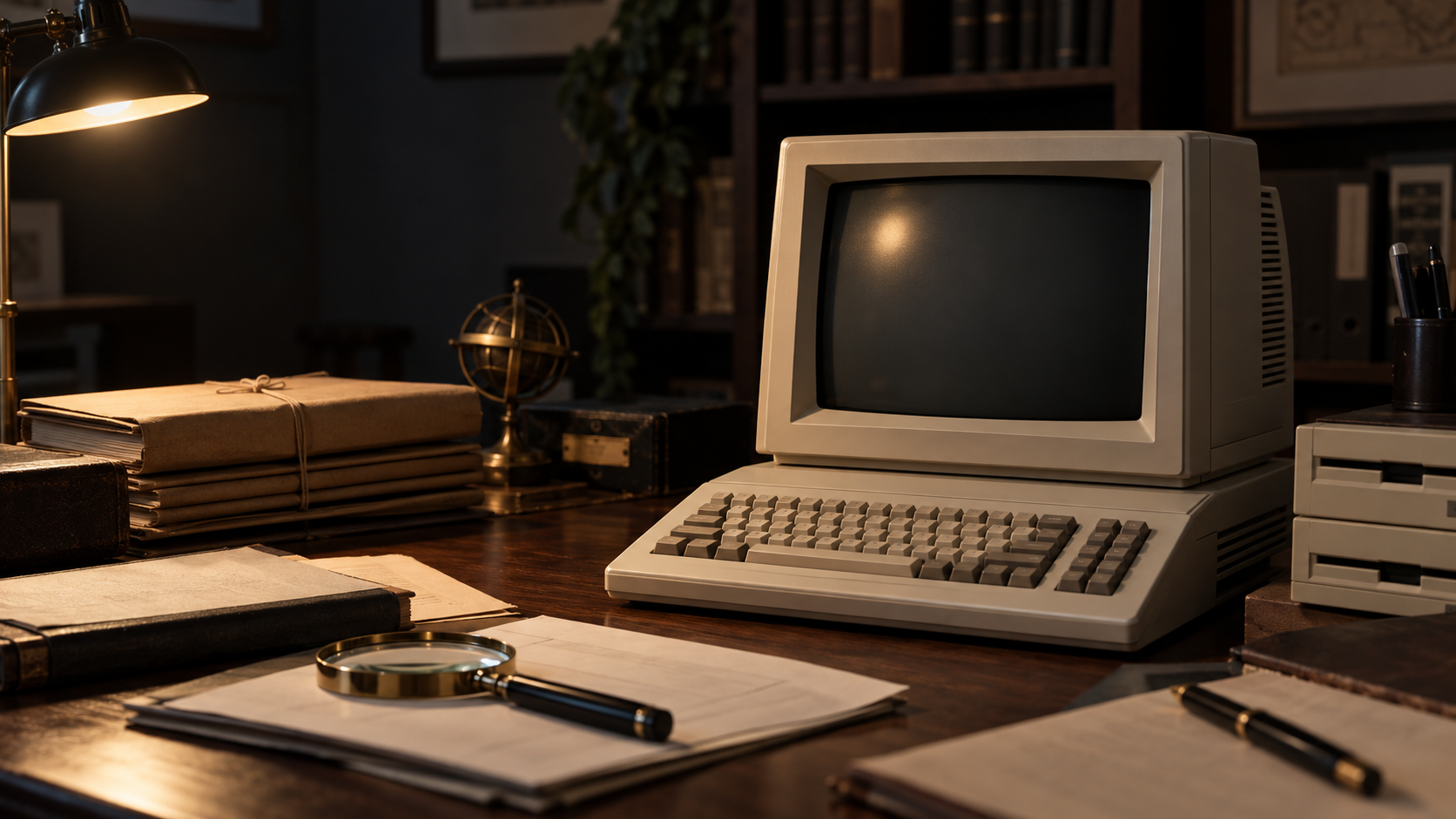 Unmarkierter Vintage-Heimcomputer neben Archivunterlagen und Lupe