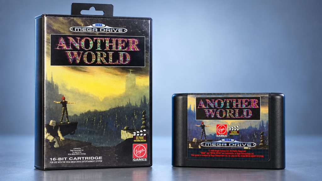 Another World – Mega-Drive-Verpackung und Modul als KI-bearbeiteter Packshot nach PAL-Originalvorlagen