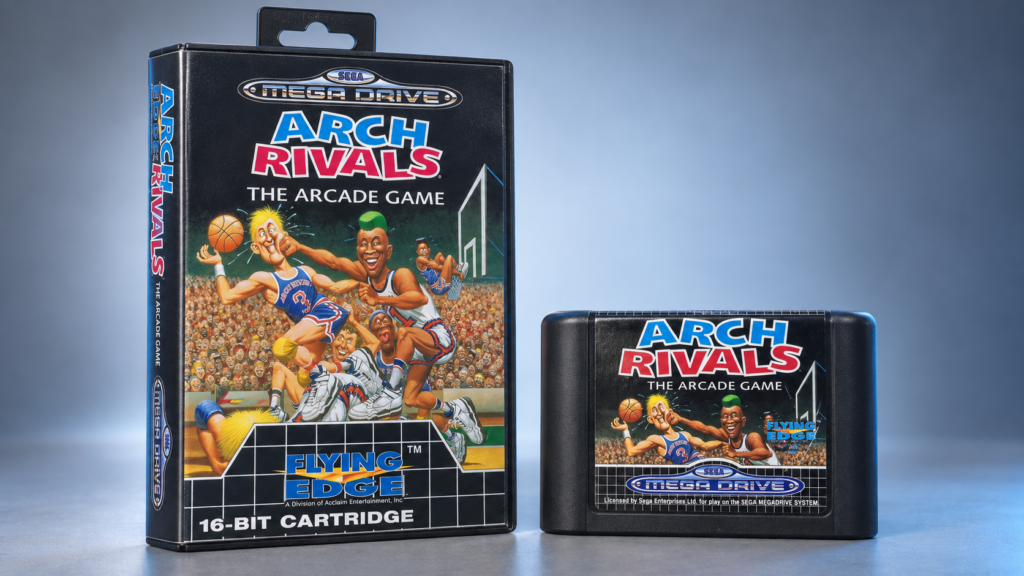 Arch Rivals: The Arcade Game – Mega-Drive-Verpackung und Modul als KI-bearbeiteter Packshot nach PAL-Originalvorlagen