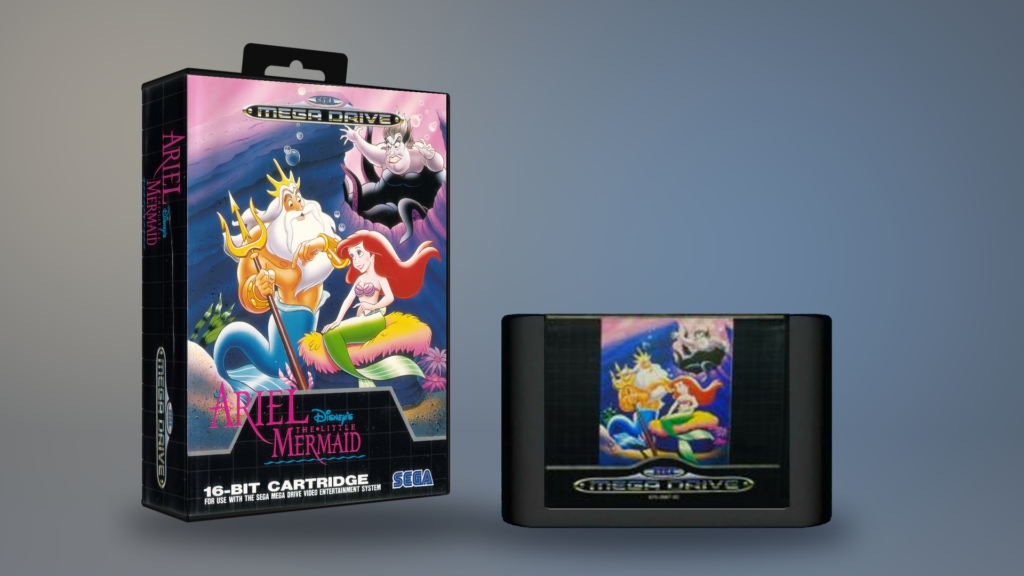 Ariel: The Little Mermaid für Sega Mega Drive – PAL-Verpackung und Modul als digitale Montage aus Originalvorlagen