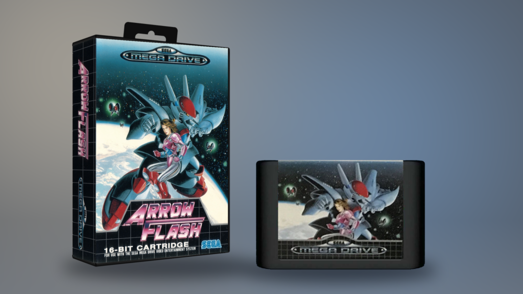 Arrow Flash für Sega Mega Drive – europäische PAL-Verpackung und Original-Moduletikett als digitale Montage