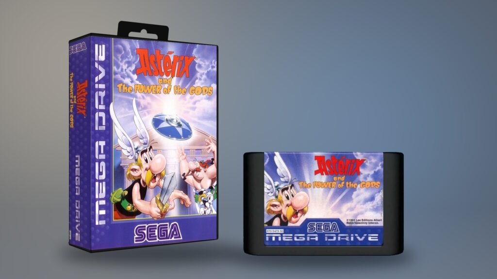 Asterix and the Power of the Gods für Sega Mega Drive – Original-PAL-Verpackung und Modul als digitale Montage