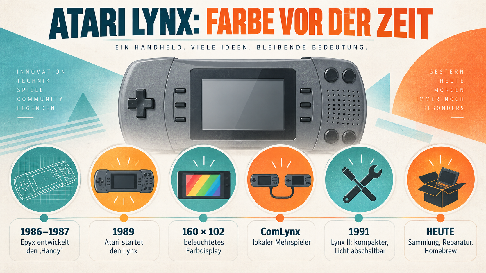 Infografik zum Atari Lynx: Entwurf bei Epyx, Start 1989, Farbbildschirm, ComLynx-Mehrspieler, Lynx II und heutige Homebrew-Szene
