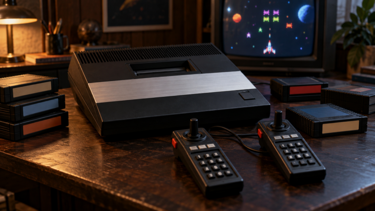 Schwarze Spielkonsole mit silberner Leiste, zwei Joystick-Controllern und Modulen vor einem Röhrenfernseher
