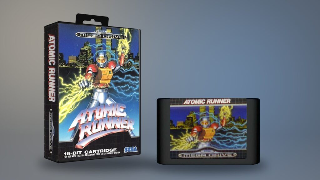 Atomic Runner für Sega Mega Drive – Original-PAL-Verpackung und Modul als digitale Montage