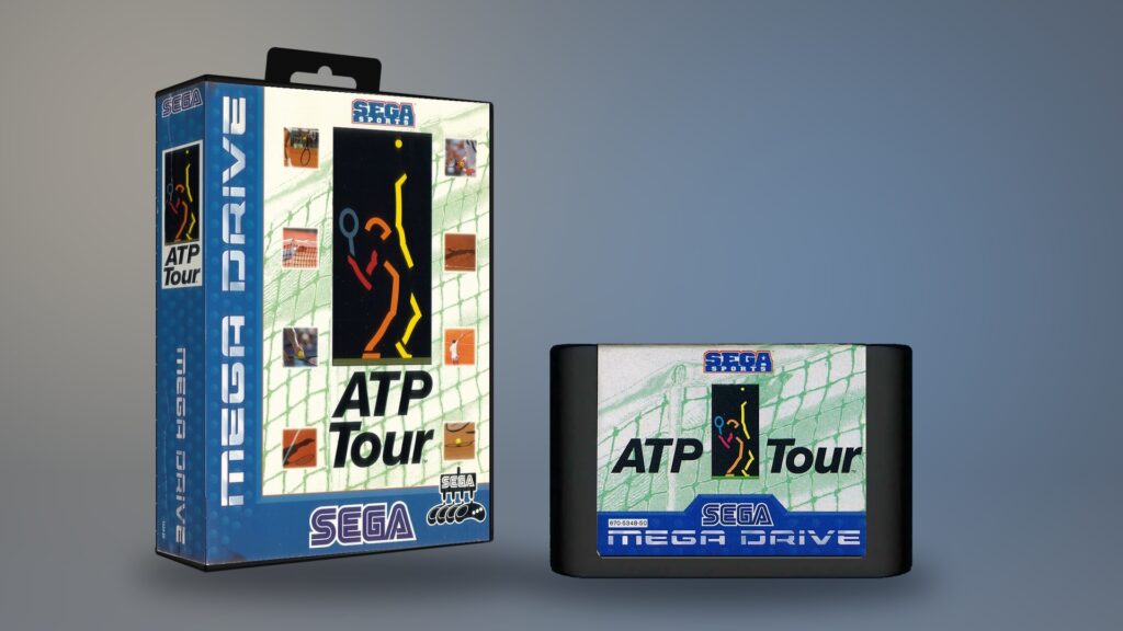 ATP Tour Championship Tennis für Sega Mega Drive – Originalverpackung und Cartridge als digitale Montage