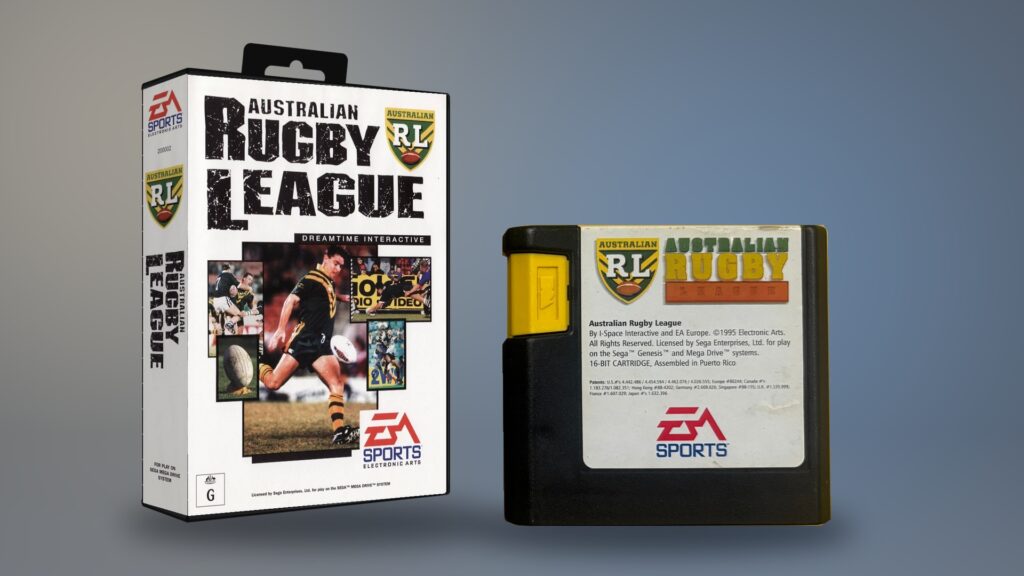 Australian Rugby League für Sega Mega Drive – Originalverpackung und Cartridge als digitale Montage
