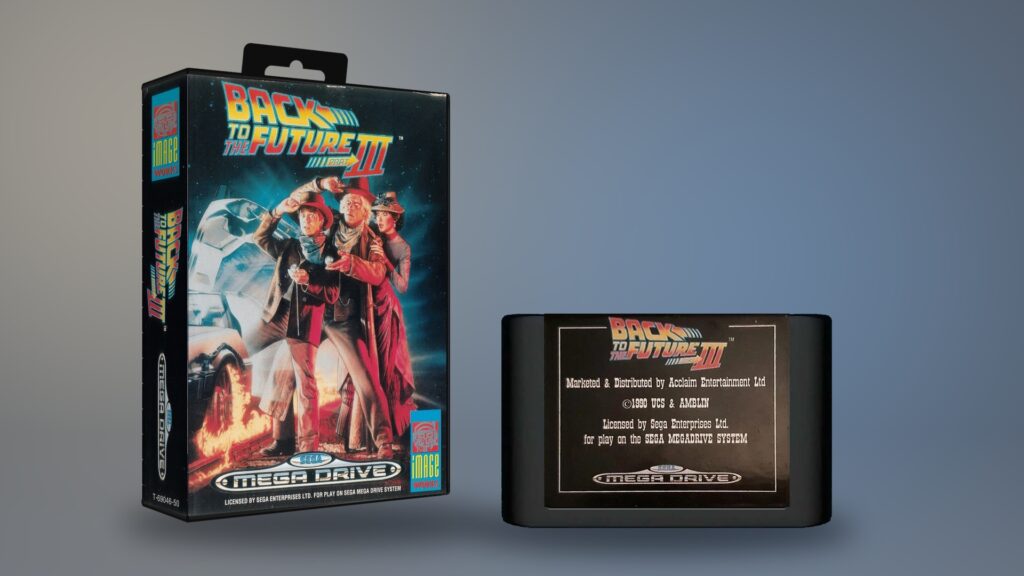 Back to the Future Part III für Sega Mega Drive – Originalverpackung und Cartridge als digitale Montage