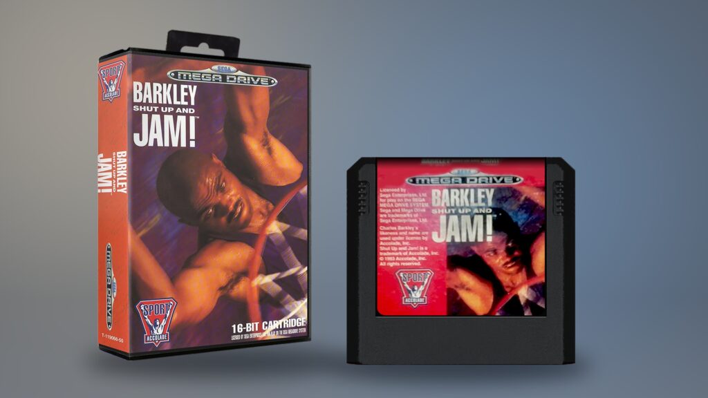 Barkley: Shut Up and Jam! für Sega Mega Drive – Verpackung und Cartridge als digitale Montage aus Originalvorlagen