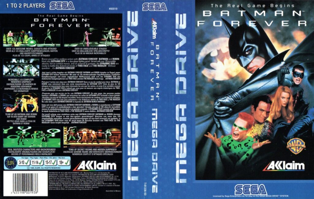 Batman Forever – Originalcover der europäischen Sega-Mega-Drive-Ausgabe, Vorderseite, Rücken und Rückseite