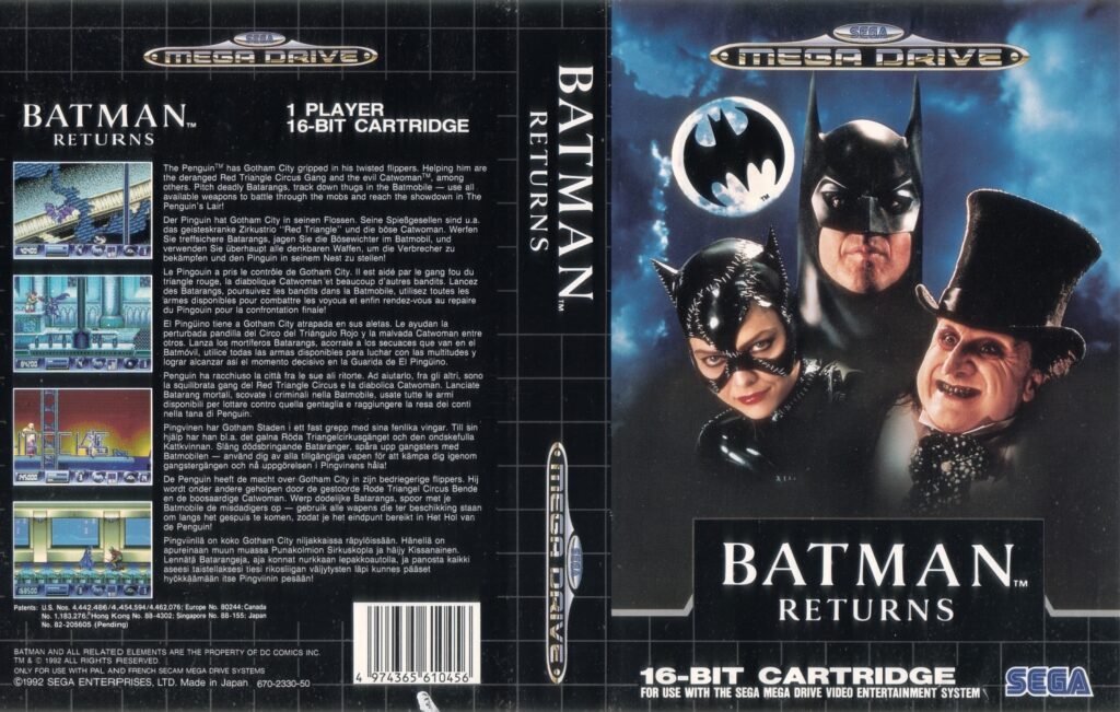 Batman Returns – Originalcover der europäischen Sega-Mega-Drive-Ausgabe, Vorderseite, Rücken und Rückseite