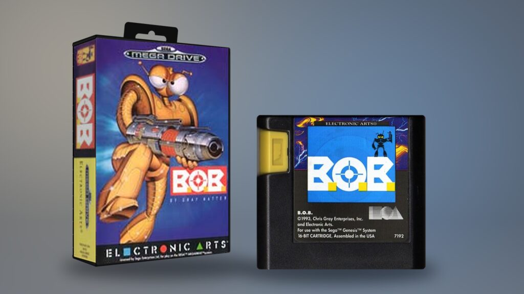 B.O.B. für Sega Mega Drive – Originalverpackung und Cartridge als digitale Montage