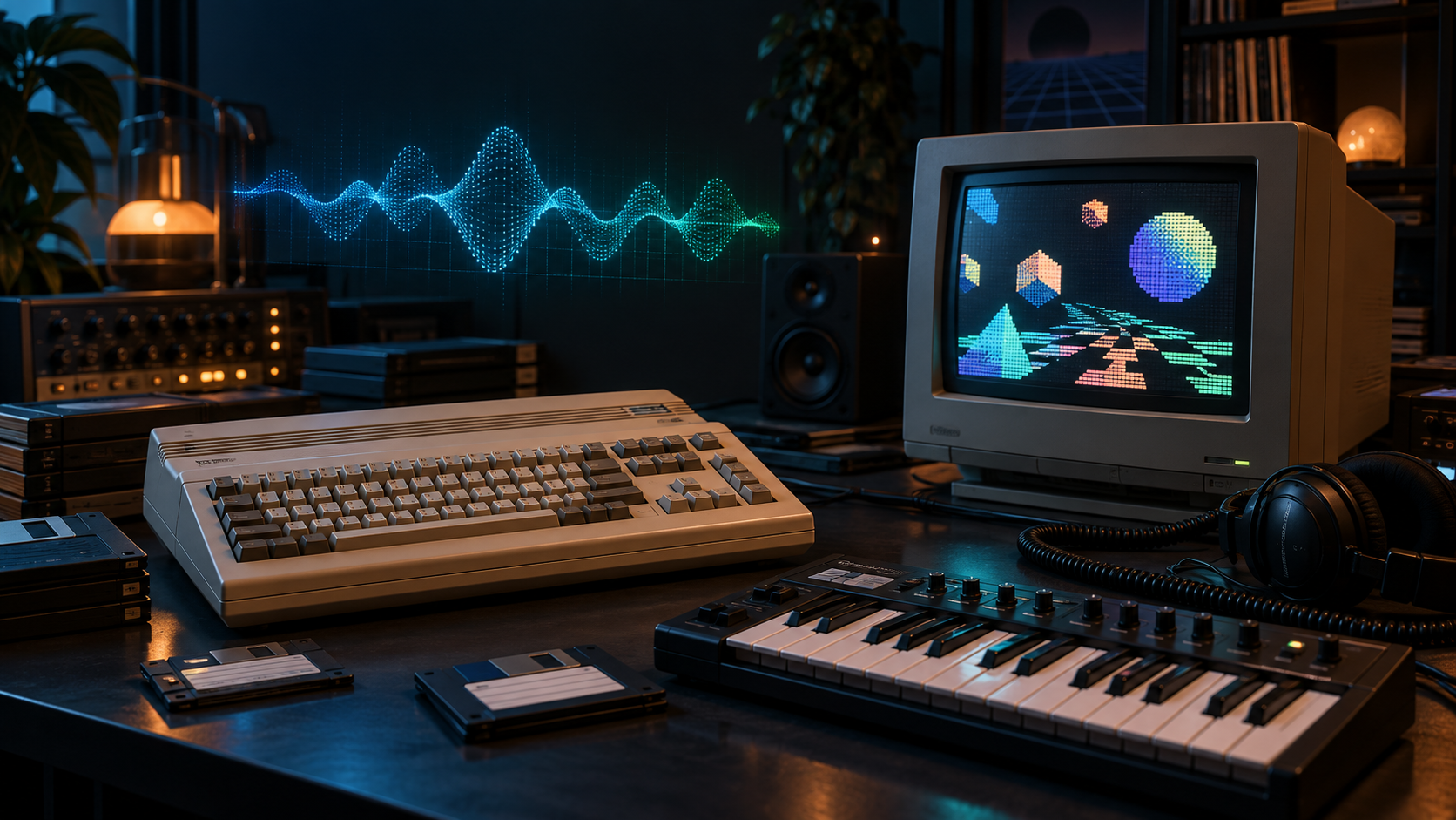 Retro-Computer, MIDI-Keyboard, Disketten und abstrakte Klangwellen in einem dunklen Musikstudio