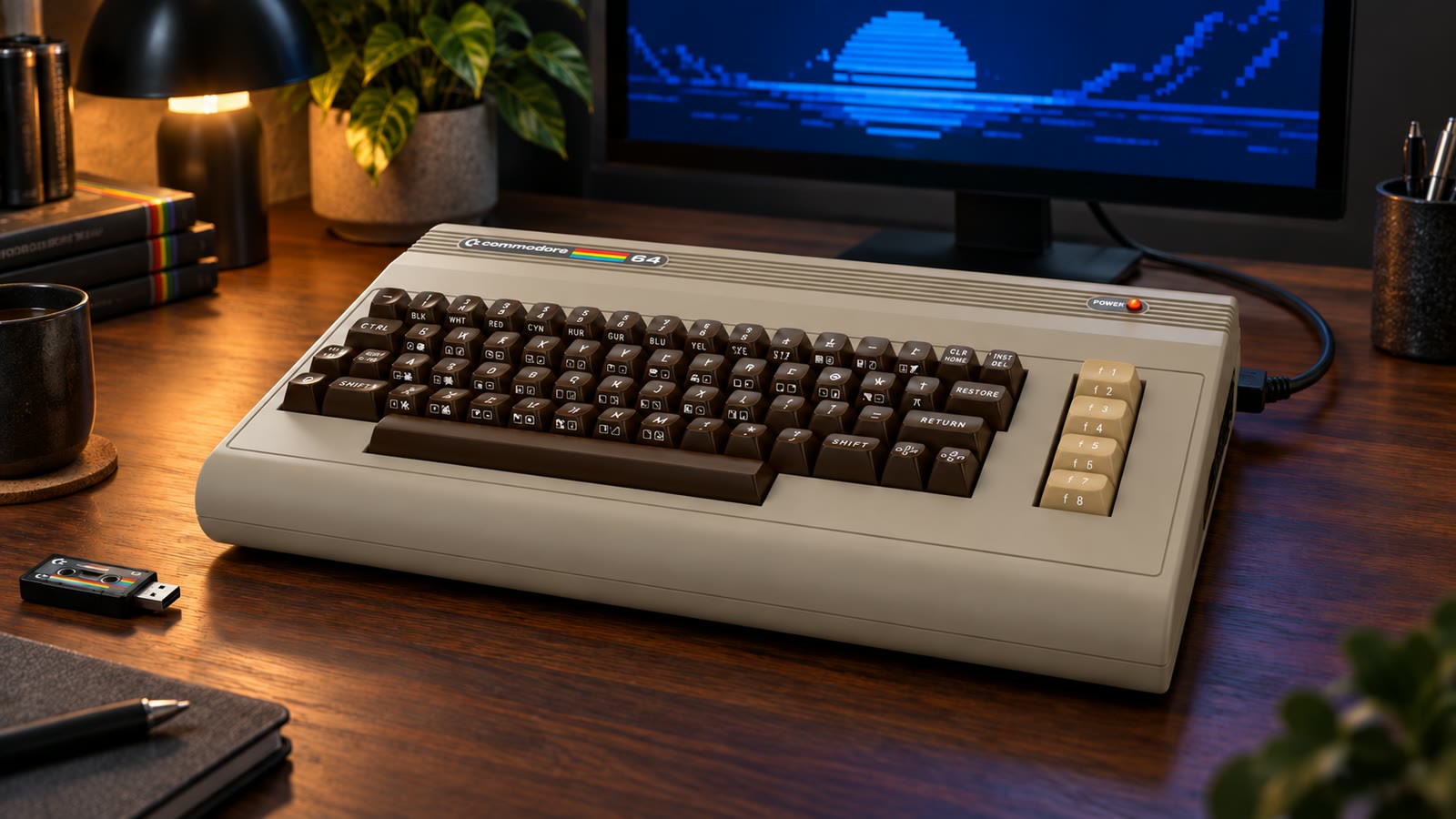 KI-Illustration des Commodore 64 Ultimate BASIC Beige mit brauner Tastatur vor einem modernen Bildschirm