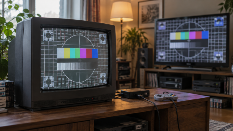 Röhrenfernseher mit Testbild, moderner Fernseher und Video-Upscaler für ein Retro-Gaming-Setup