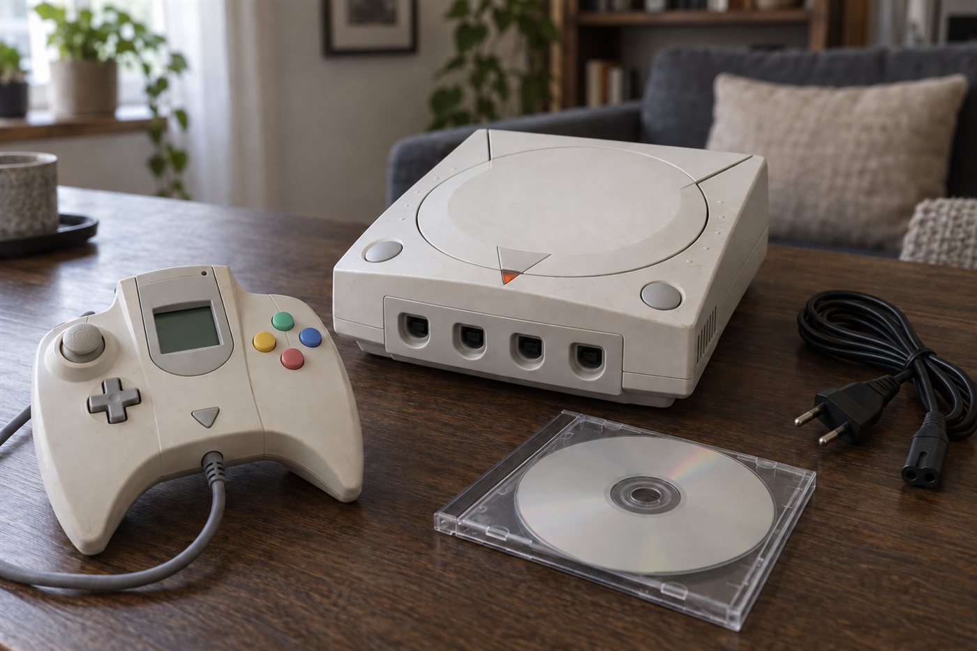 Gebrauchte weiße Disc-Konsole mit Controller, VMU, Spiel-Disc und europäischem Netzkabel