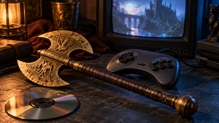 Goldene Streitaxt neben einem Retro-Controller und einer CD vor einem Röhrenfernseher