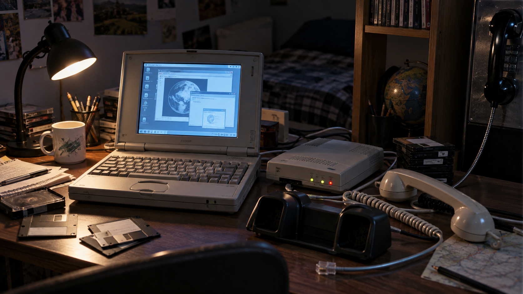 Notebook, Modem und Telefontechnik als reale Hardware der frühen Online-Ära