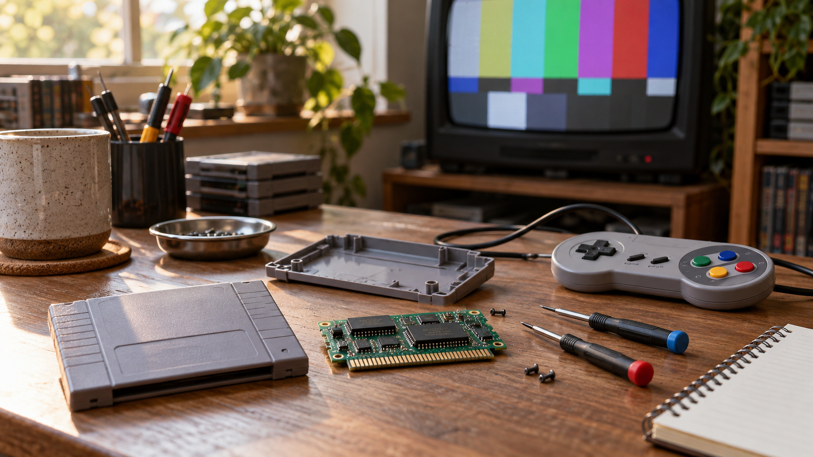 Handgefertigtes Retro-Spielmodul mit Platine und Controller auf einem Arbeitstisch