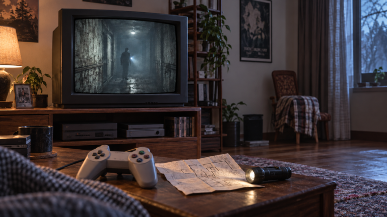 Helleres Retro-Wohnzimmer mit CRT-Fernseher und abstrakter Horror-Spielszene