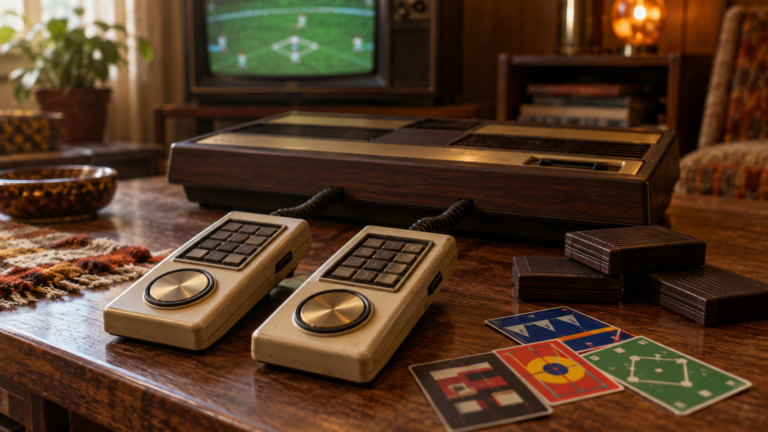 Zwei Disc-Controller mit Tastenfeldern, Spielmodule und Overlays vor einem Röhrenfernseher