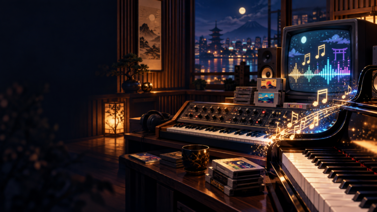 Synthesizer und Klavier in einem japanisch inspirierten Retro-Spielmusikstudio