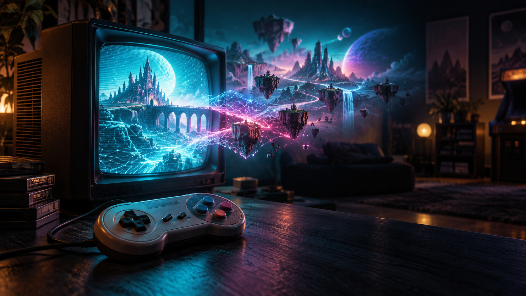 Retro-Controller vor einem Röhrenmonitor mit leuchtendem KI-Netzwerk und Spielwelt