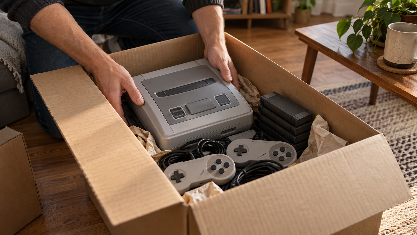 Sorgfältig eingepackte 16-Bit-Konsole mit Controllern und Modulen