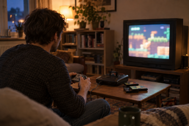 Person spielt ein klassisches Konsolenspiel an einem Röhrenfernseher im Wohnzimmer