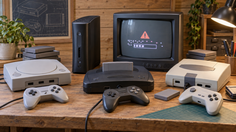 Helle Sammlung fiktiver Retro-Konsolen und Controller auf einem Arbeitstisch