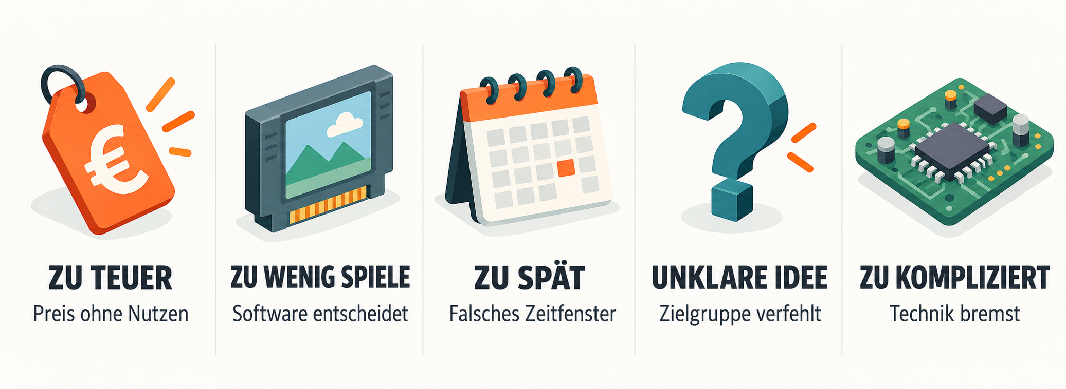 Infografik mit fünf Gründen für Konsolen-Flops: zu teuer, zu wenig Spiele, zu spät, unklare Idee und zu kompliziert