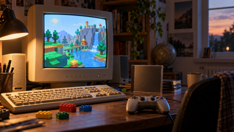 Retro-PC mit einer abstrakten, markenfreien Baustein-Spielwelt auf einem CRT-Monitor