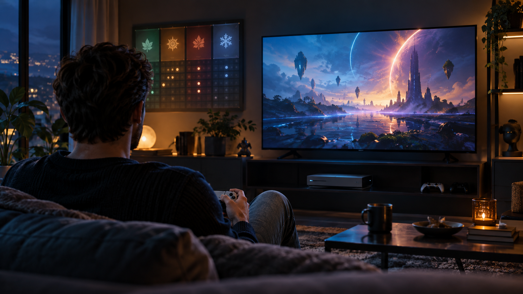 Spieler vor einem neutralen Fernseher mit einer abstrakten dauerhaft weiterentwickelten Online-Spielwelt
