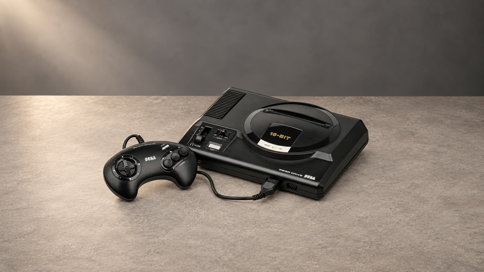 Europäischer Sega Mega Drive Modell 1 mit Drei-Tasten-Controller – KI-gestützte Illustration