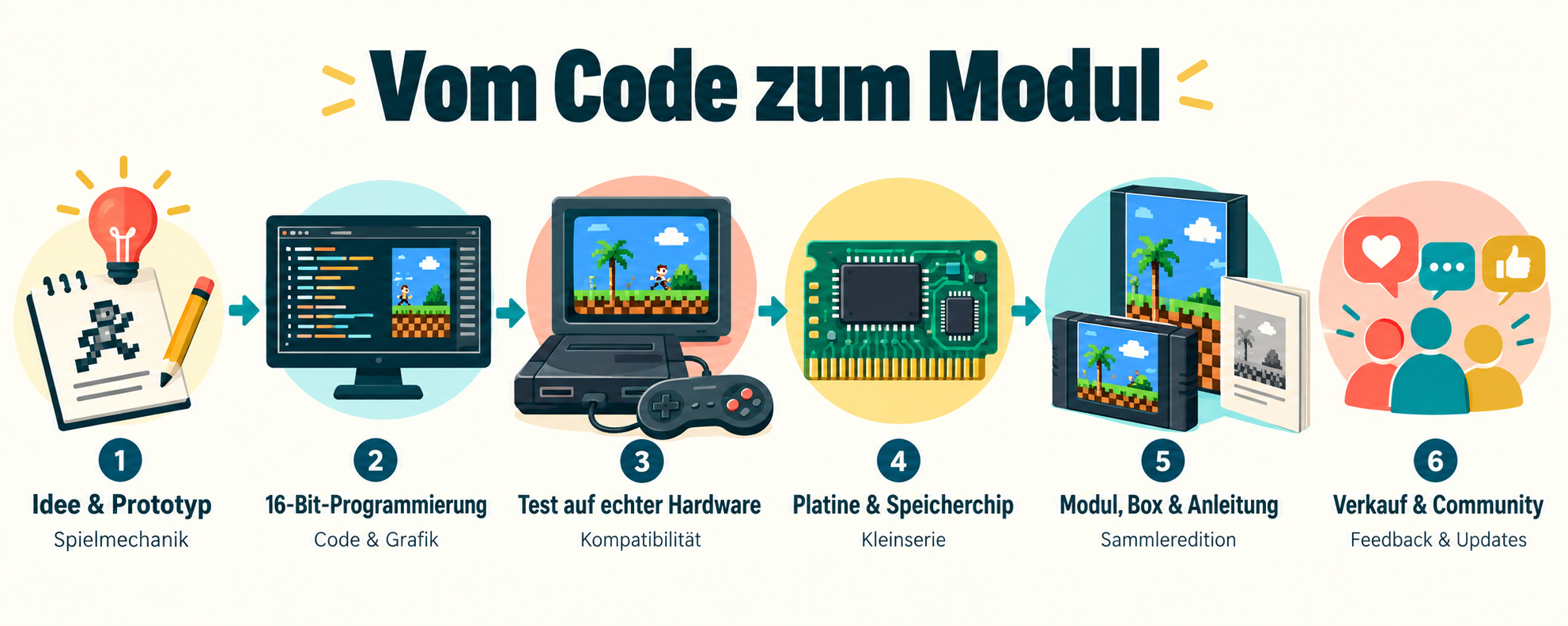 Infografik: Vom Code zum Modul – die sechs Schritte eines neuen Mega-Drive-Spiels