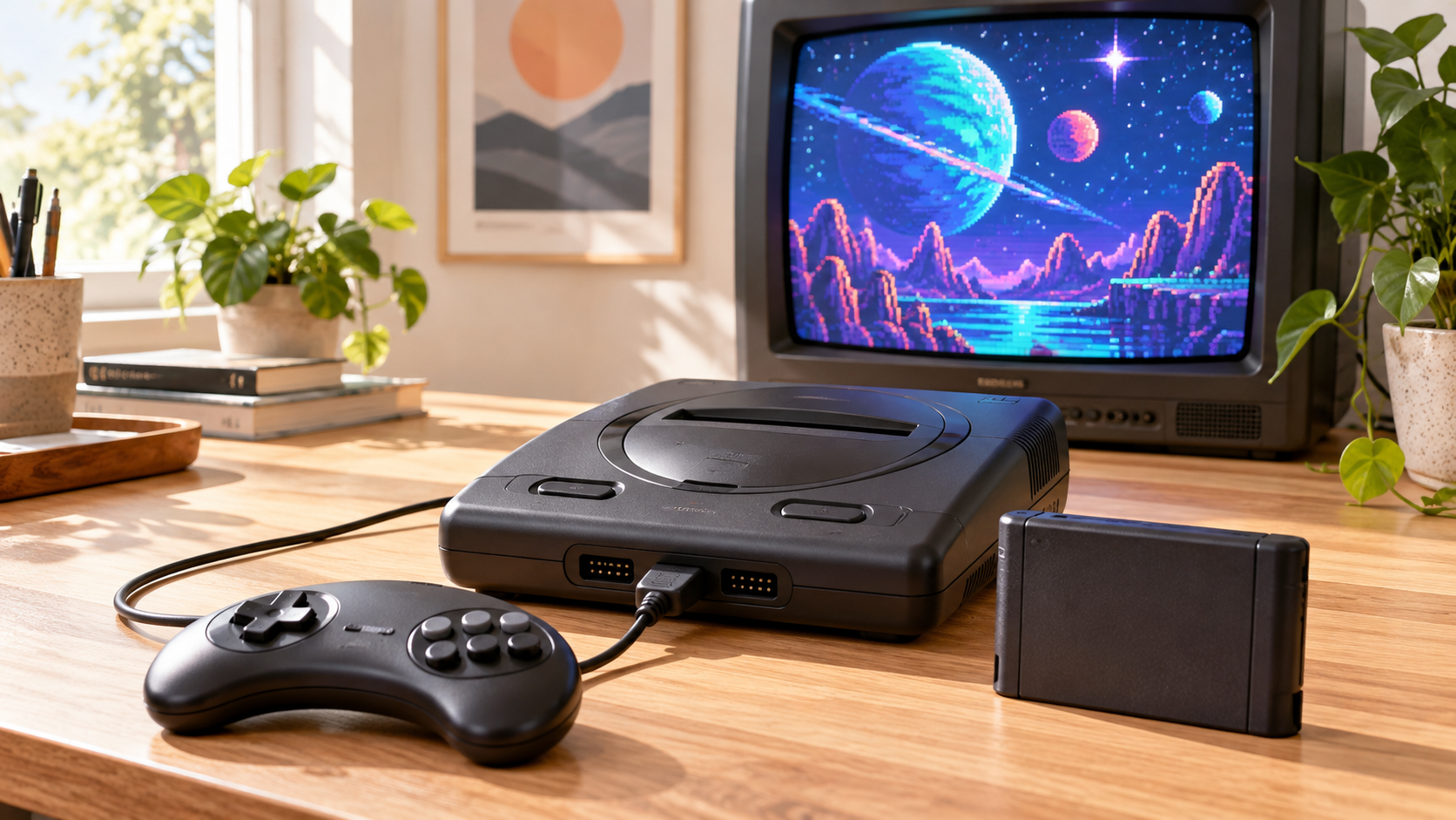 Helle, fiktive 16-Bit-Konsole mit neuem Spielmodul auf einem Schreibtisch