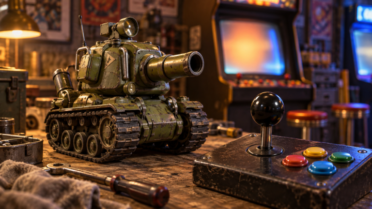 Olivgrüner Miniaturpanzer neben einem Arcade-Stick vor beleuchteten Spielautomaten