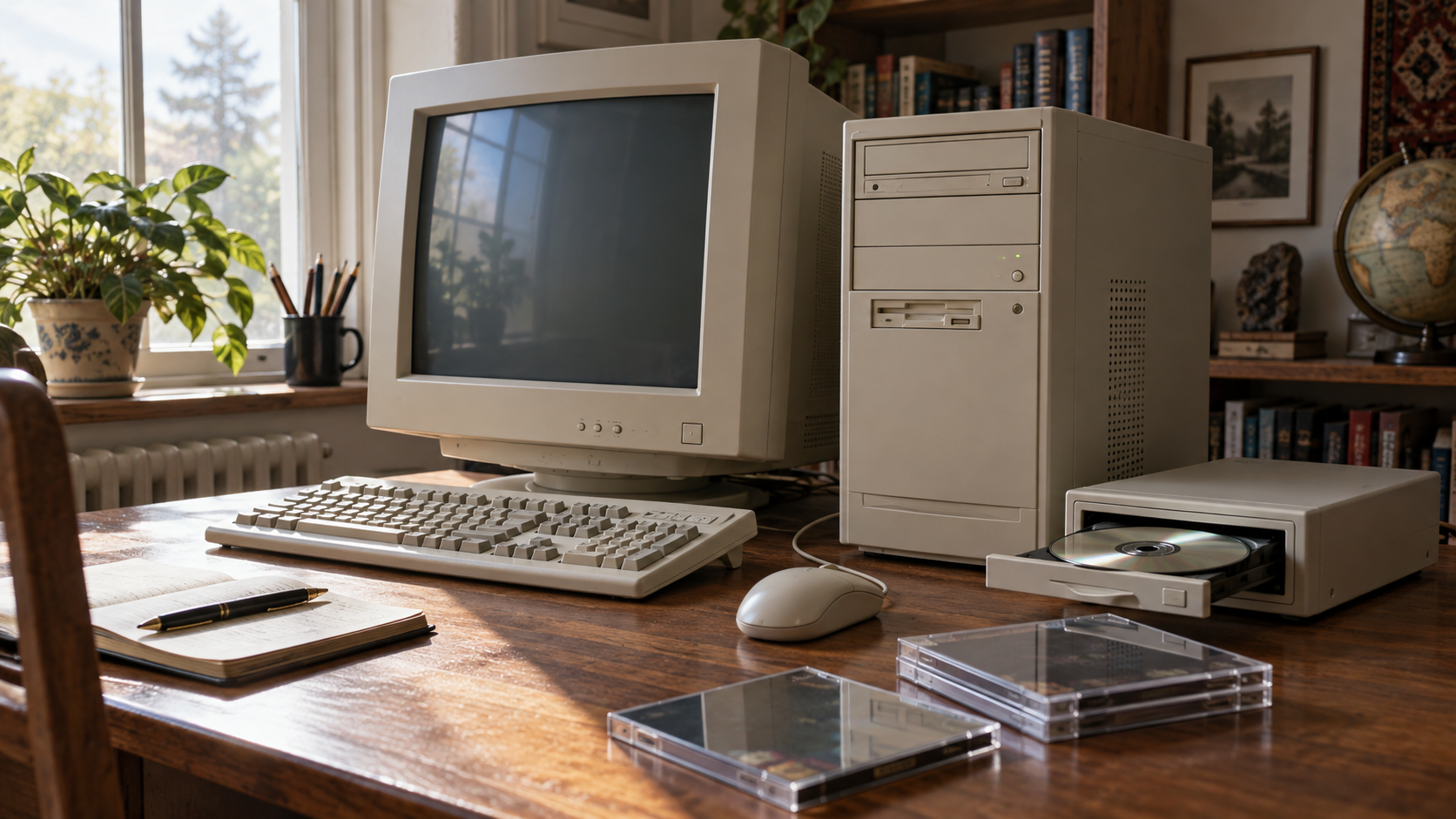 Beiger Multimedia-PC mit CD-ROM-Laufwerk als Symbol für die CD-ROM-Ära
