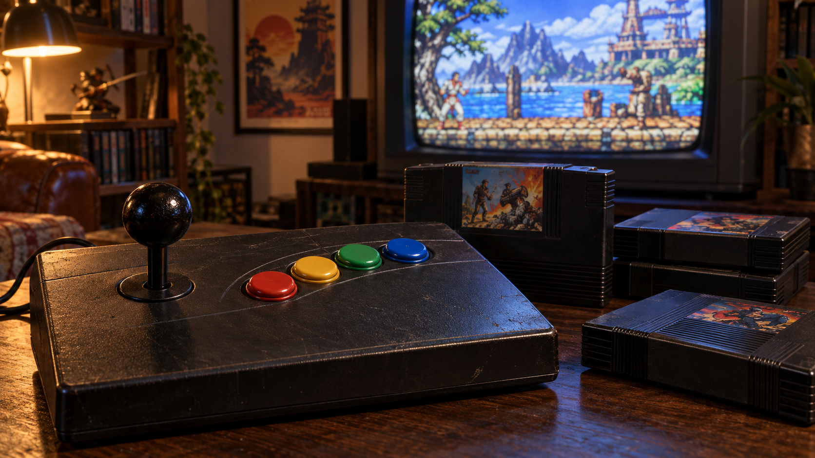 Arcade-Stick mit vier farbigen Tasten, großen Spielmodulen und Röhrenfernseher zur Neo-Geo-Retrospektive