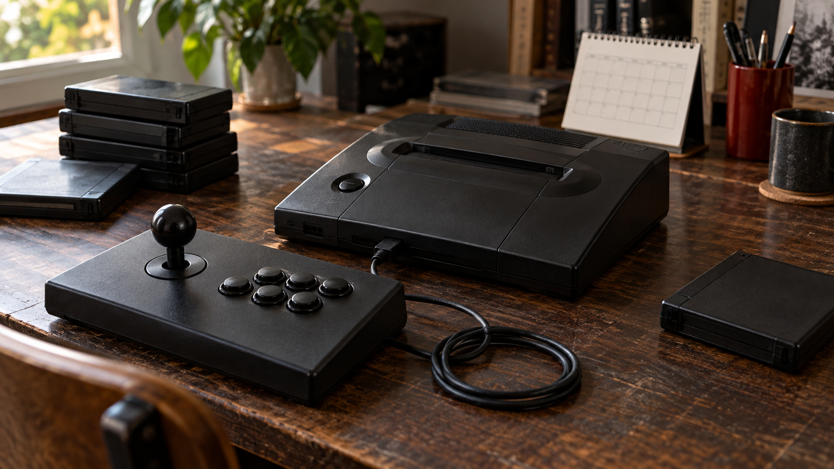 Fotorealistisches Retro-Setup mit Arcade-Controller, Konsole und Cartridge-Stapel als Symbol für die verschobene NEOGEO AES+