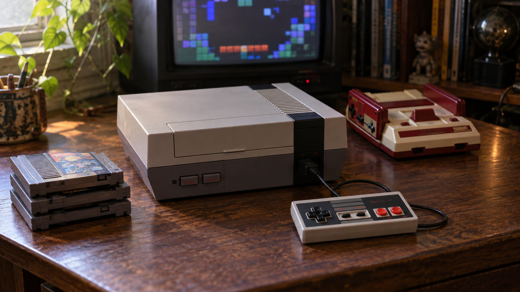 NES-Konsole mit Controller und Spielmodulen, daneben ein japanisches Famicom
