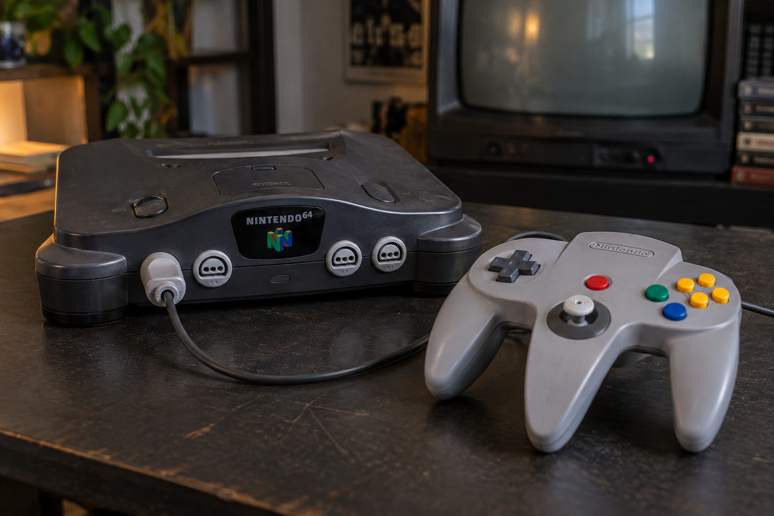 Gebrauchtes Nintendo 64 mit grauem Controller vor einem Röhrenfernseher