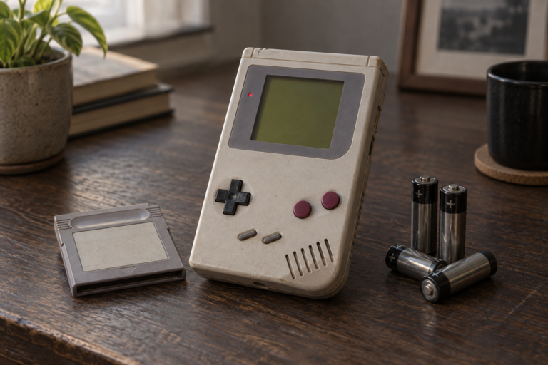 Gebrauchter Nintendo Game Boy mit Spielmodul und vier AA-Batterien