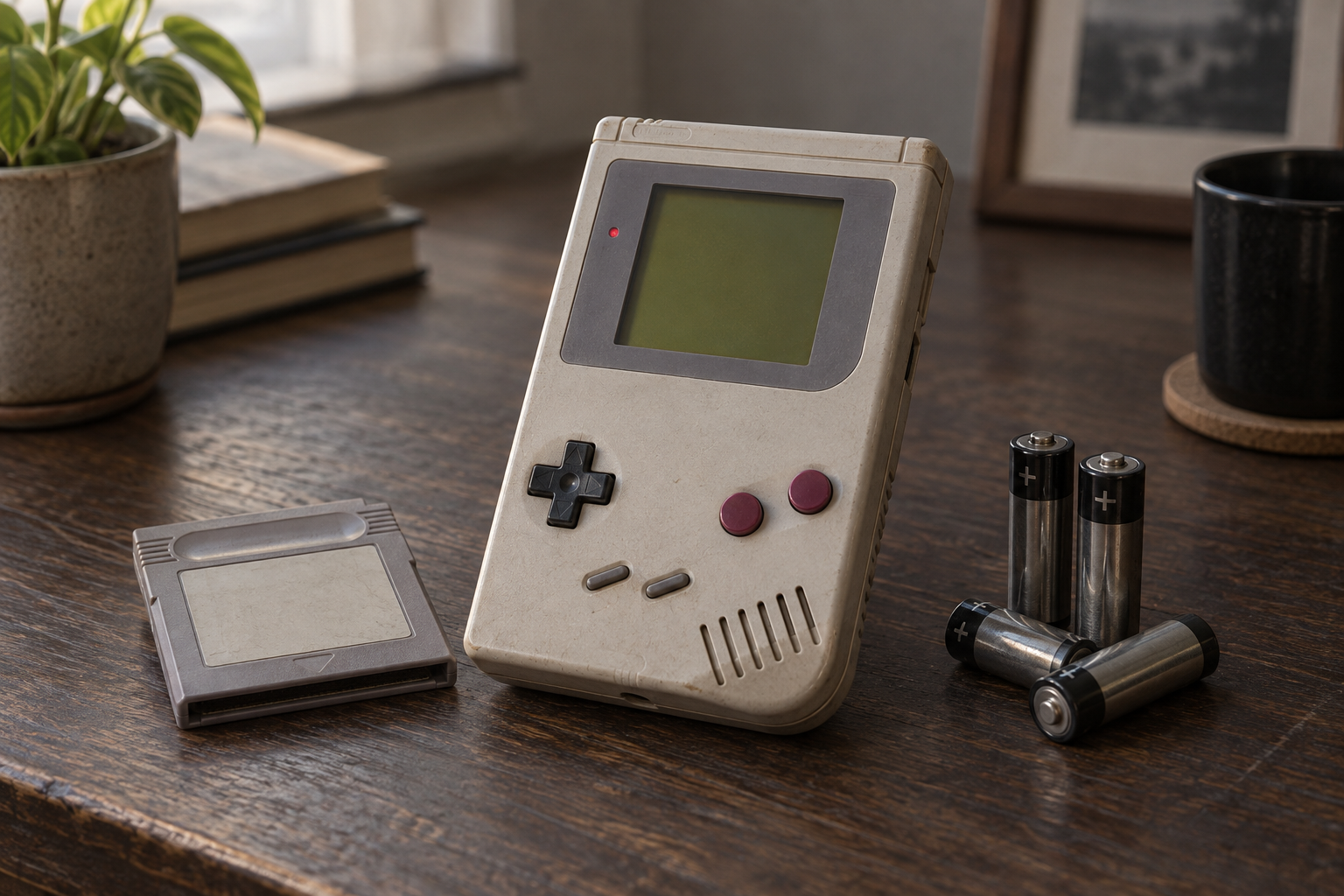 Gebrauchter Nintendo Game Boy mit Spielmodul und vier AA-Batterien