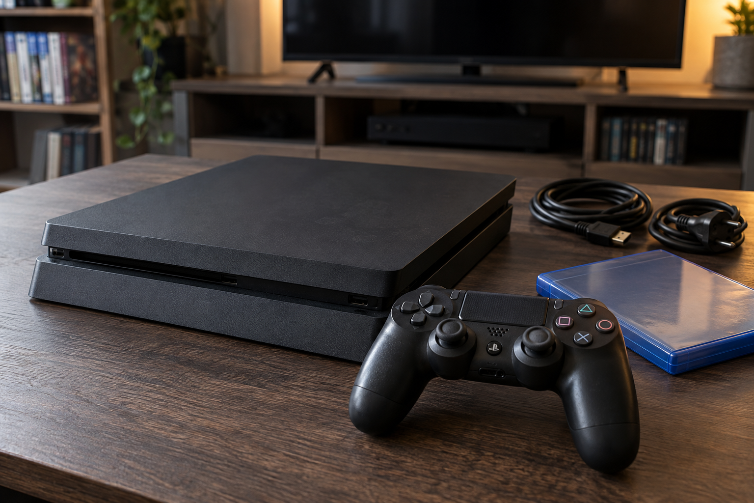 Gebrauchte PlayStation 4 Slim mit DualShock-4-Controller und Kabeln auf einem dunklen Tisch