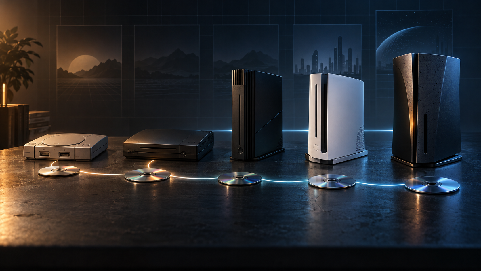 KI-Symbolbild zur PlayStation-Abwärtskompatibilität: fünf stilisierte Konsolen und Spiele-Discs