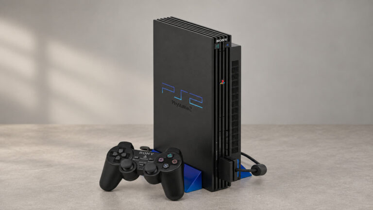 PlayStation 2 der großen Bauform mit DualShock 2 und Memory Card – KI-gestützte Illustration