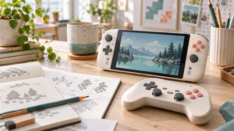 Helle, fiktive Handheld-Konsole und Controller als Sinnbild für moderne Retro-Spiele