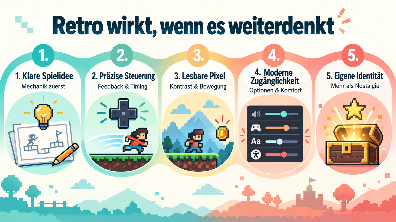 Infografik: Fünf Prinzipien moderner retro-inspirierter Spiele – klare Spielidee, präzise Steuerung, lesbare Pixel, moderne Zugänglichkeit und eigene Identität